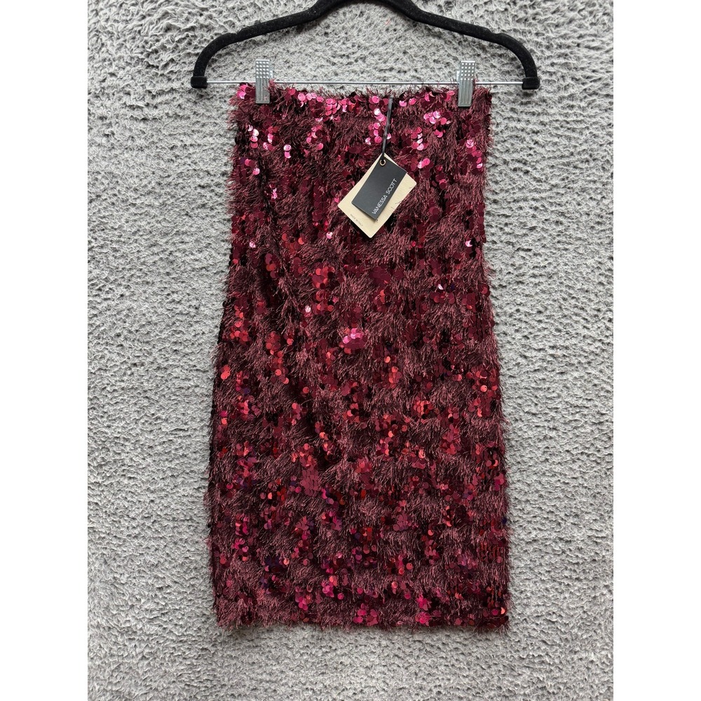 NWT Vanessa Scott Strapless Fringe Sequin Bodycon Mini Dress Red Womens SIze S